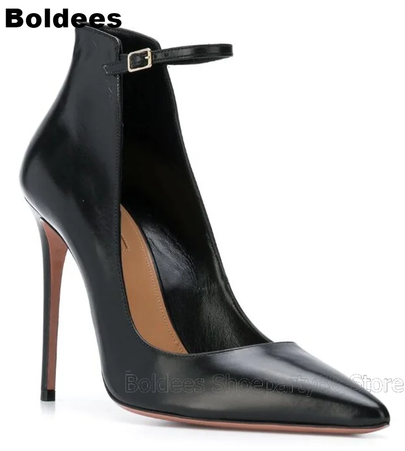 

Luxury Mat Black Leather Pointed Toe Buckle Designer Stilettos High Heels Women Shoes Ankle Strap Bridal Party Dress Shoes Pumps
