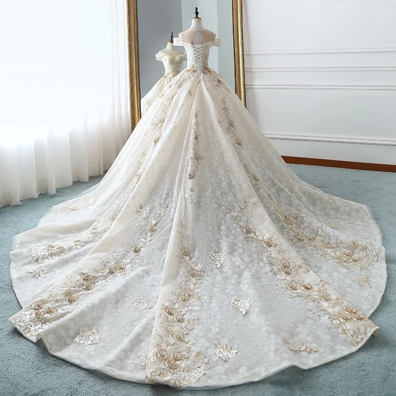 Popodion Off the Shoulder Wedding Dress Bride Luxury Long Trailing Court Dresses vestido de noiva N1029 | Свадьбы и торжества