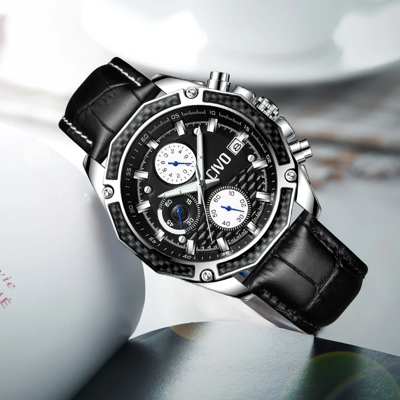 

CIVO Watch Men Waterproof Chronograph Analogue Quartz Wrist Watch Black Brown Genuine Leather Business Casual Men's Watch Clock