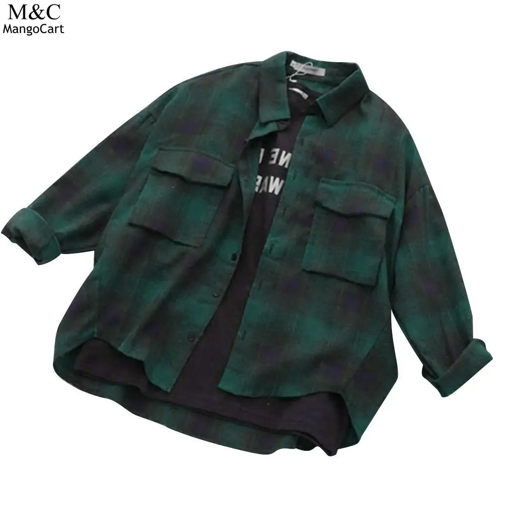 Plaid Shirt Long Large Sleeve Buttons BF Front Women Blouses Style Casual Shirts pockets 2018 Cotton |