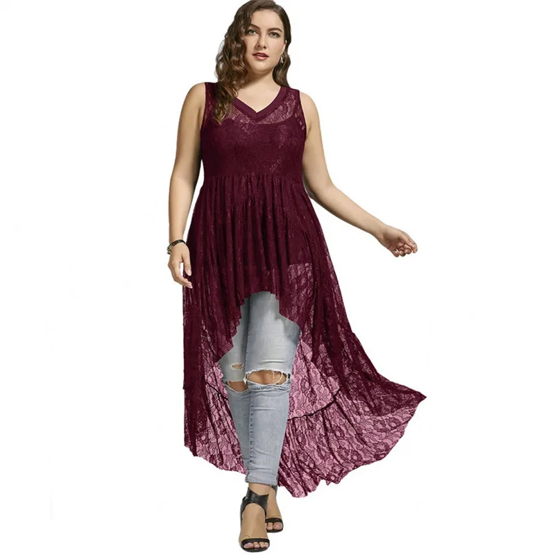 Wipalo Women Long Shirts Sleeve High Low Lace Plus Size Top V Neck See Through Button Up Tops Female Casual Shirt | Женская одежда