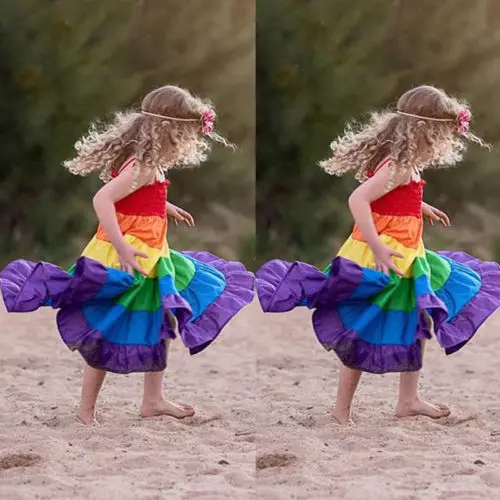2019 Brand Girls Kid Baby Princess Sleeveless Tutu Dress New Summer Boho Bandage Rainbow Stripe Party Wedding Flower | Детская одежда и