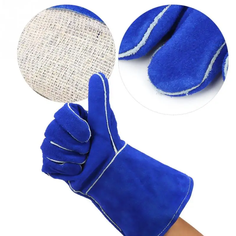 

1 Pair Blue Extended Welding Protective Gear Leather Gloves Heat Resistant for Baking/Cooking/BBQ
