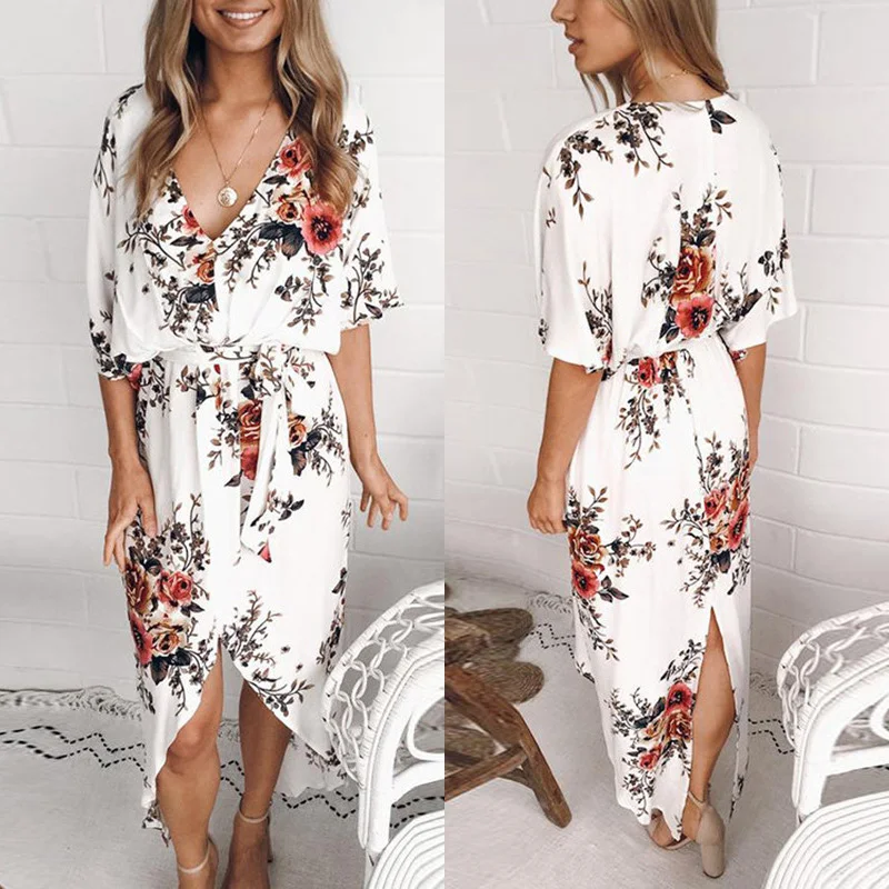Женская с короткими рукавами цветочным принтом летние миди Платья вечерние
