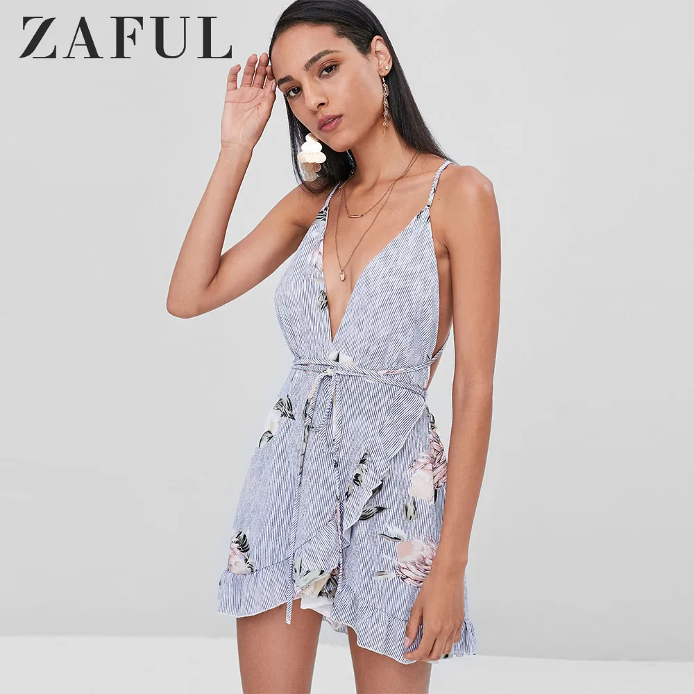 ZAFUL Floral Stripes Overlap Mini Dress Criss-Cross Ruffles V-Neck A-Line Spaghetti Strap Women Summer 2019 Vestidos | Женская одежда