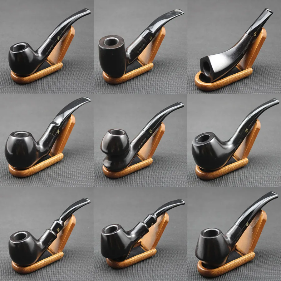 

Classic Handmade Natural Ebony Wood Wooden Tobacco Smoking Pipe Set Black Wooden Pipe + Pouch + Holder + 10pcs 9mm Pipe Filters
