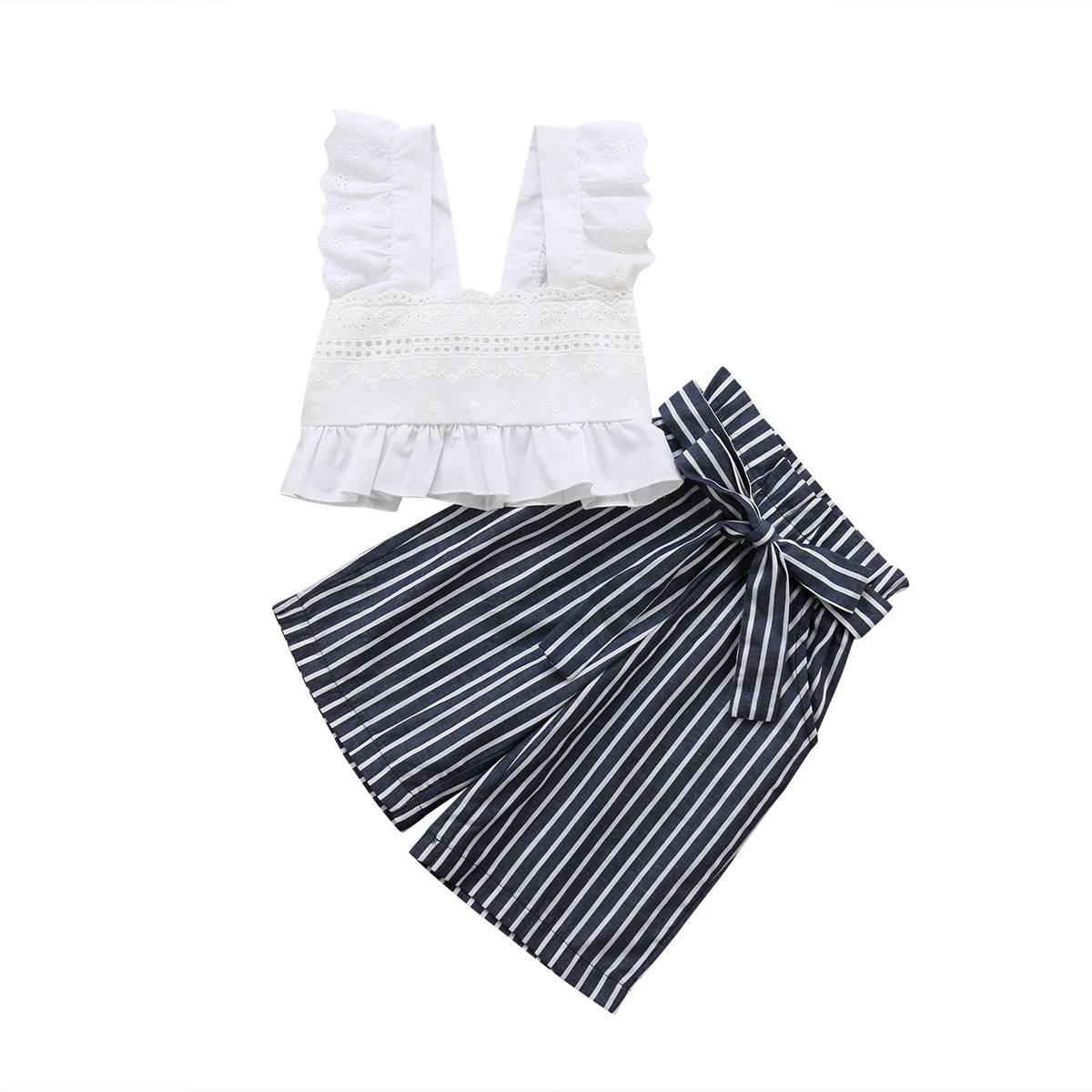 Pudcoco Toddler Kids Baby Girls Clothing Lace Party Striped Crop Tops Vest Pants Cute 2pcs Bow Clothes Summer Girl 1-6T