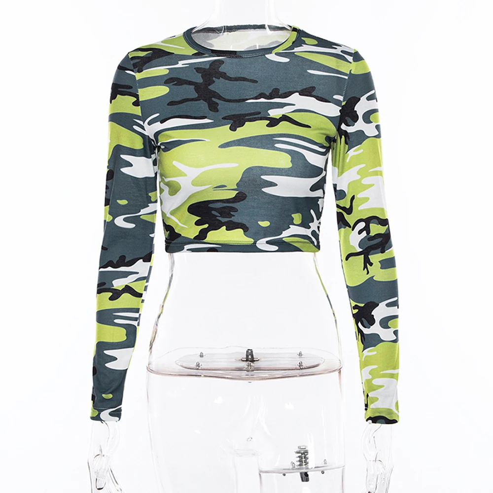 Сексуальный укороченный Топ для женщин Camoflage с длинным рукавом Slim Fit Футболка в