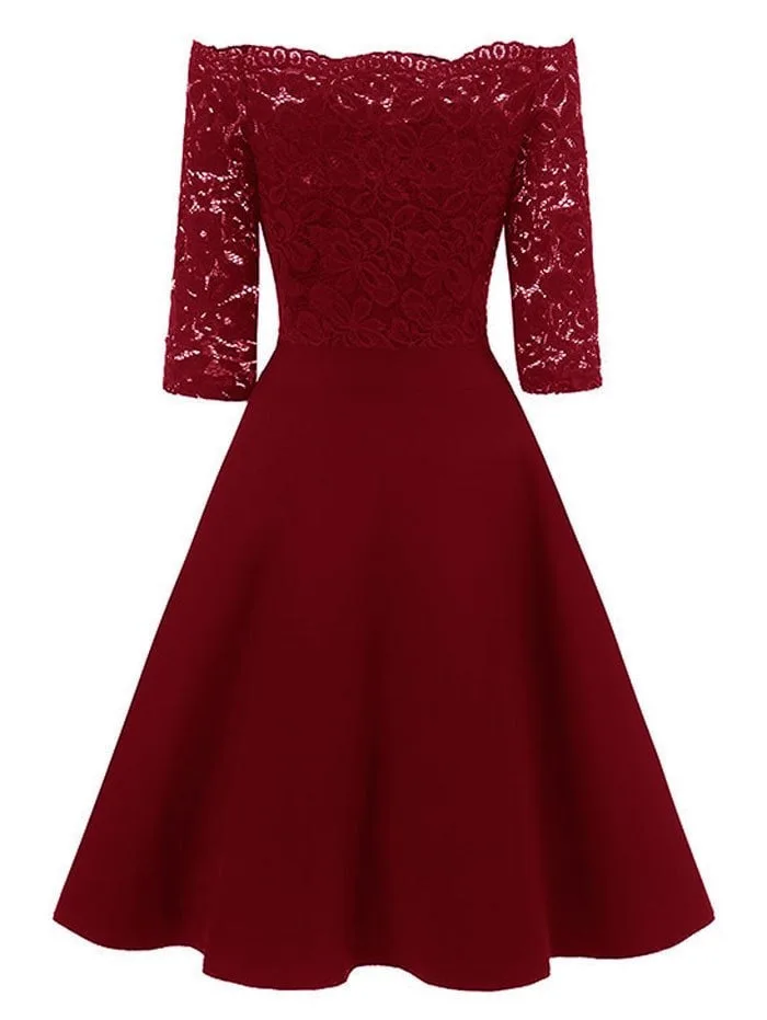 

Uguest Women Lace Dress A-line Half Sleeve Pleated Slim Solid Slash Neck Knee Length Spring Autumn Sexy Elegant Dresses Vestidos