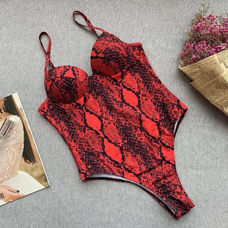 

Women sexy snakeskin print 2019 Charming ladies Club beach wear rompers bodysuits fashion strapless Padded jumpsuits Hot summer