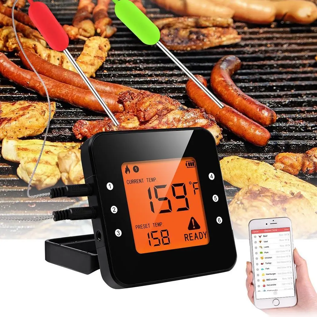 Wireless Grill Thermometer Bluetooth Adapter Digital Cooking Food 50m Black 2 with 6 LCD Screen Probes | Дом и сад