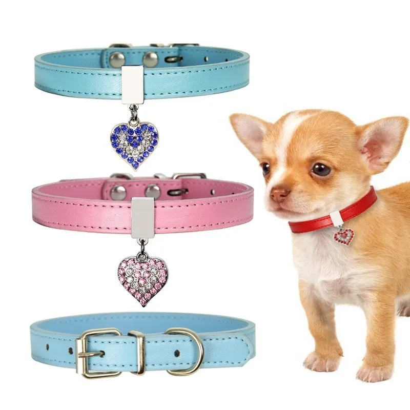 

Bling Dog Collar Rhinestone Leather Puppy Collar Cute Cat Collar 0.5" Width Heart Pendant Pet Collars For Small Dogs/Cats