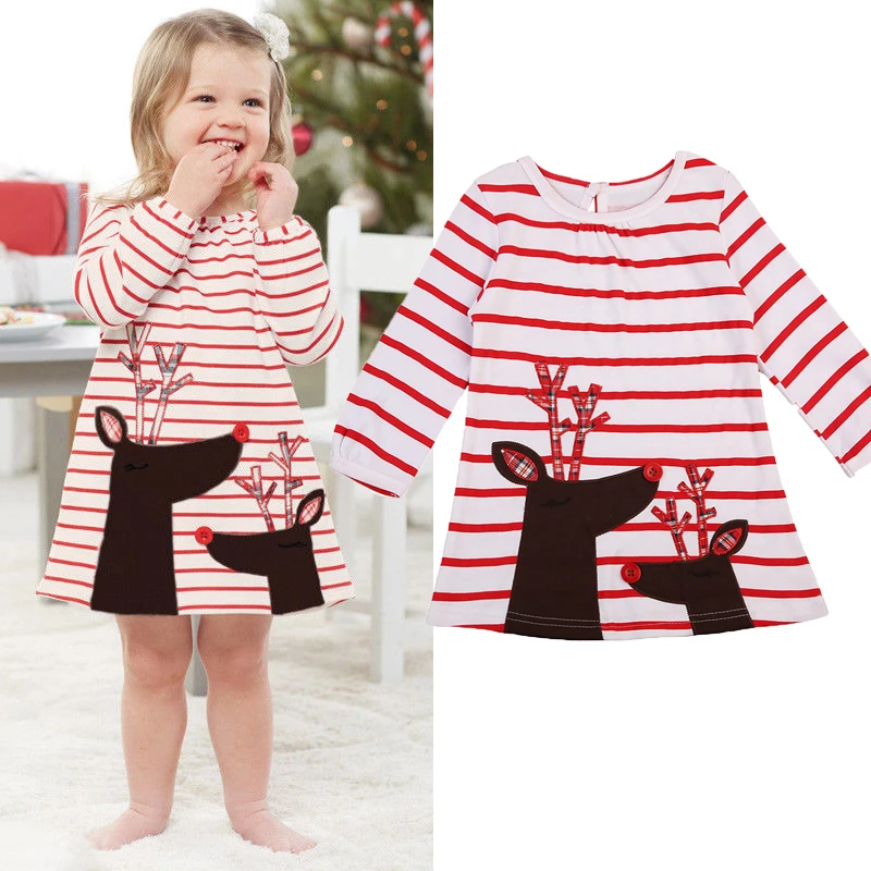 Xmas Cute Infant Kids Baby Girls Autumn Dress Clothes Cartoon Deer Print Striped Long Sleeve A-Line Outfit 1-7Y | Детская одежда и