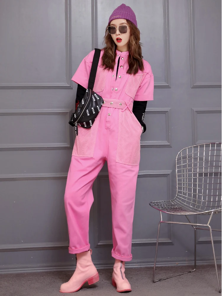 Цин MO Streetwears для женщин 2019 Весна Твердые Длинные Комбинезоны дамы короткий рукав