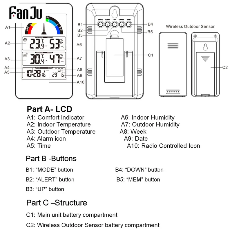 FanJu FJ3356 Цифровая метеостанция будильник термометр гигрометр беспроводной датчик