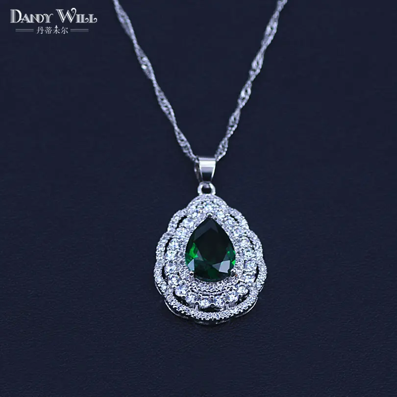 Набор ювелирных изделий из 3-х предметов серебристого цвета с зелеными кубическими циркониями: серьги в форме капли, ожерелье и кольцо для женщин T73.