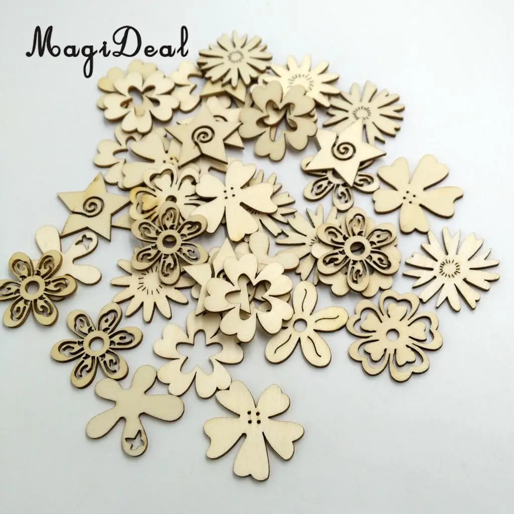 MagiDeal 50 Pieces Mixed Natural Wood Flower Shapes Embellishment Craft Scrap Booking Card Sign Making for Party Decor Favor | Дом и сад