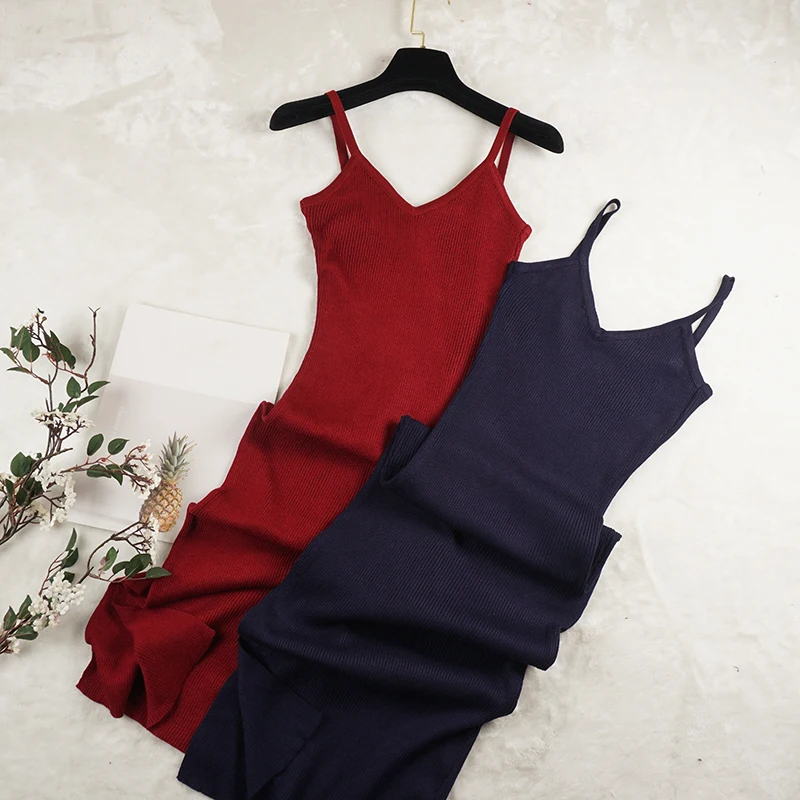 

Korean Women Sexy Sheath Dress Summer Knitted Spaghetti Strap V-Neck Party Dress Mid-Calf Sleeveless Vestidos Cute Clothing