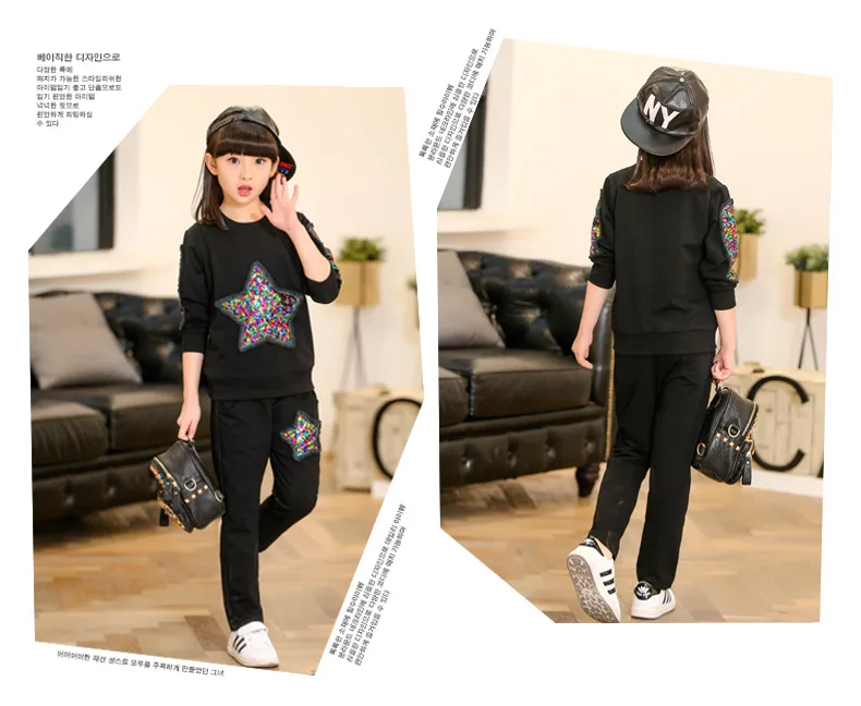 

Girls' Sport Suits Children's Wear Clothes Sets for Girls New Kids Suits Leisure Five-pointed Star Suits Black Color 3-10 ages