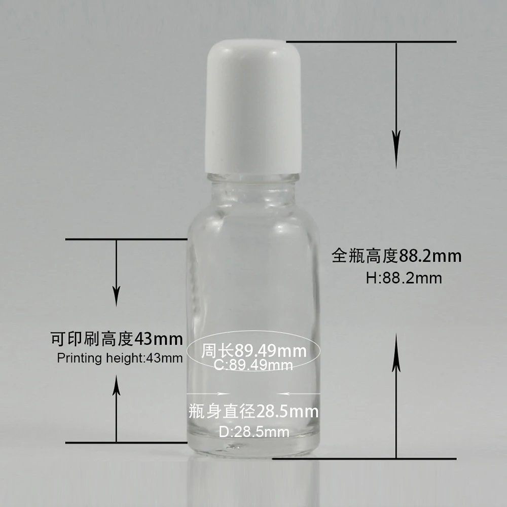 high quality clear oil essence bottle 20ml roll on with white plastic lid, glass and stainless steel ball