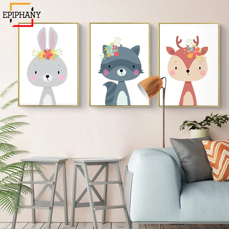 Girl Nursery Decor Woodland Animal Flower Canvas Painting Pictures Wall Art Posters and Prints Kids Playroom Bedroom Decoration|Рисование и