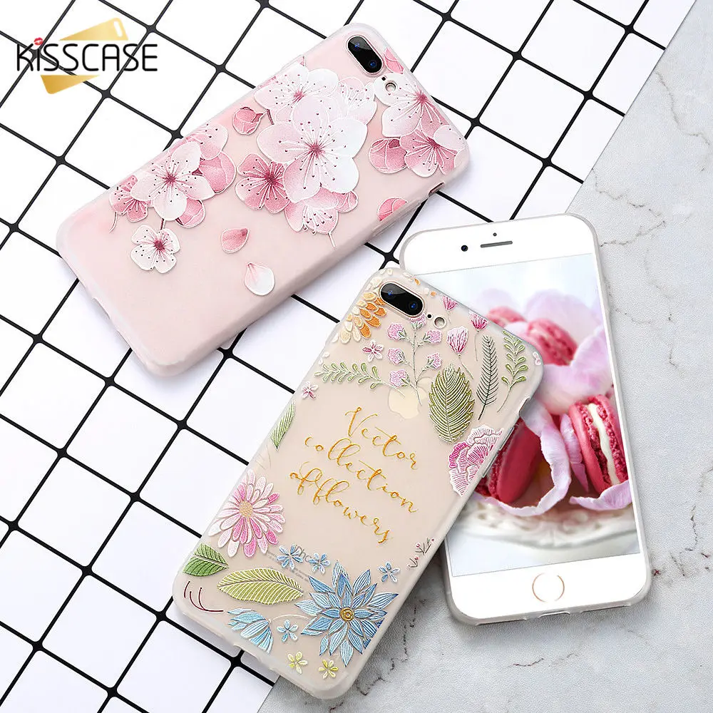 KISSCASE 3D Relief Flower Case For iPhone 7 8 Plus XS Max XR Soft Floral Cases X 6 6S 5 5S SE TPU Cover |