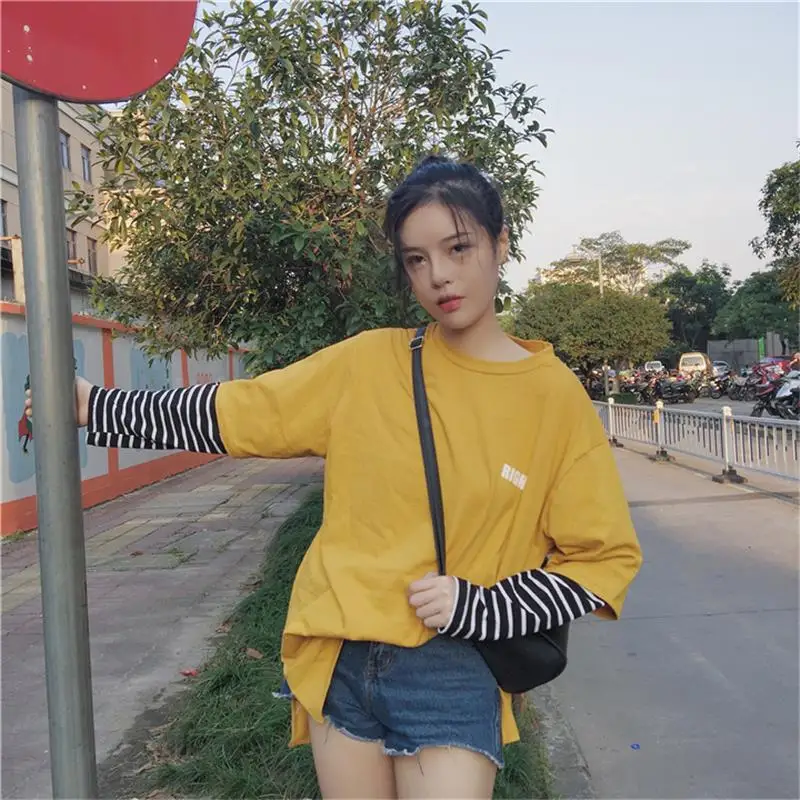 2019 Femme Осенняя женская одежда корейский стиль Harajuku принт полосатый пэчворк с
