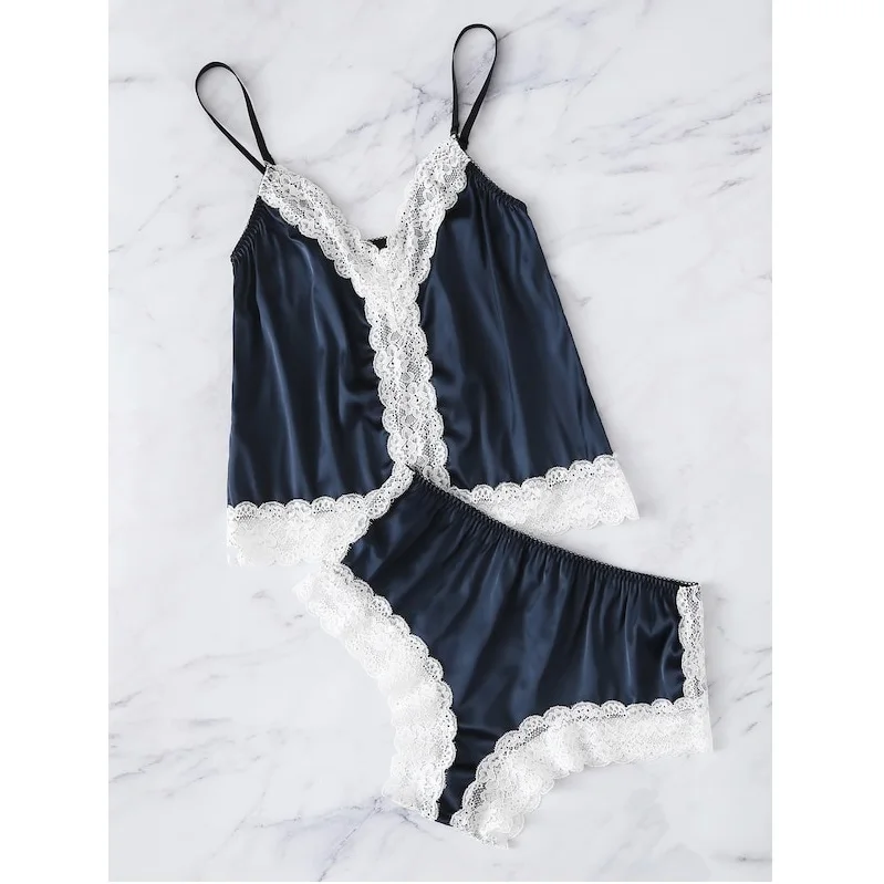 Женское атласное кружевное нижнее белье Babydoll темно синяя ночная рубашка
