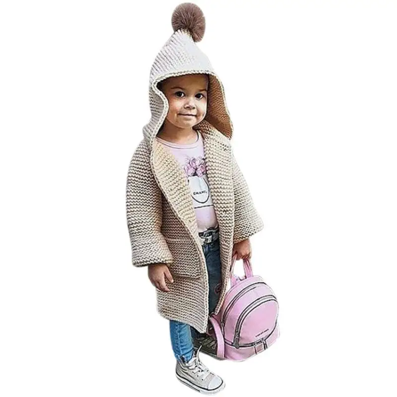 Детский кардиган с капюшоном, свободный свитер с длинными рукавами для маленьких девочек, пальто, детская однотонная трикотажная одежда