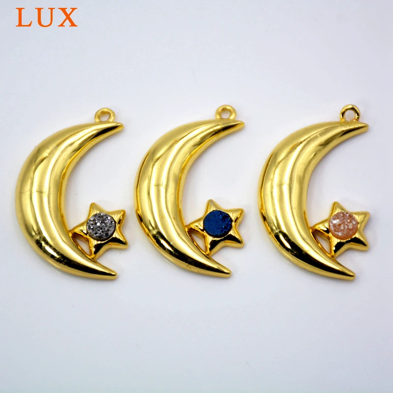 

Gold-Plating Crescent Moon and Star Pendant with Round Druzy stone