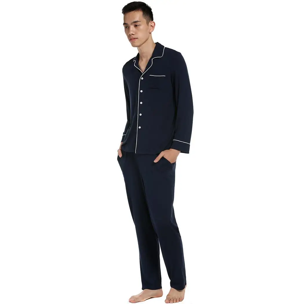 Мужские с длинным рукавом Твердые Turn Down Воротник Loose Pajama Set Nightwear полная длина