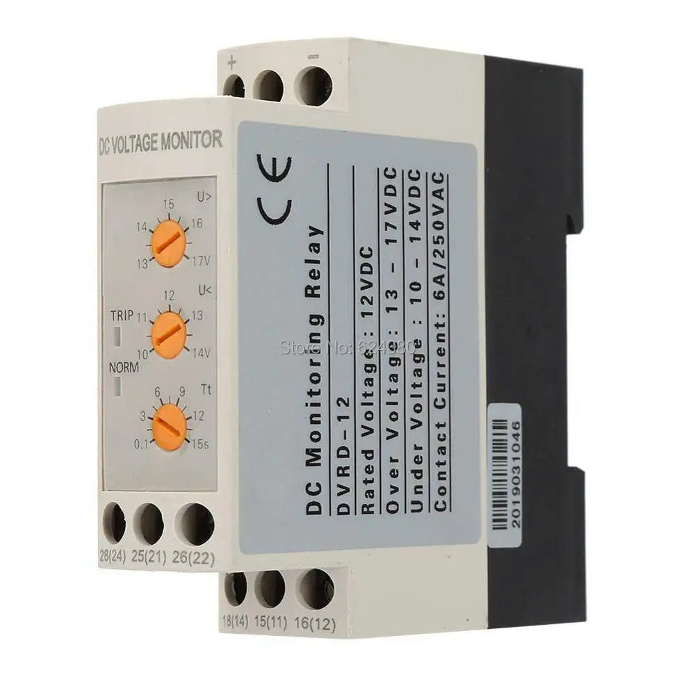 

DVRD Voltage Monitoring Relay DC 12V/24V/36V/48V Over-Voltage and Under-Voltage Protection Relay 35MM Guide Rail 13-17V 10-14V