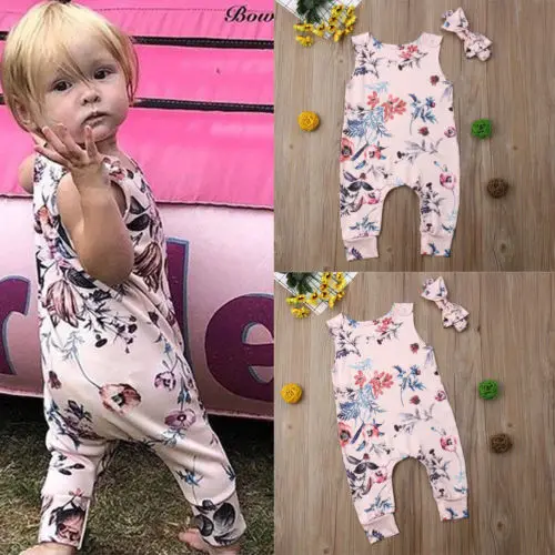 

Pudcoco Fashion Infant Newborn Baby Girls Cotton Romper Floral Print Sleeveless Sunsuit Playsuit Headband Outfit 0-24M