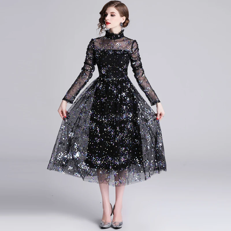 2019 New Women dress Ruffles Full Sleeve Mesh Stand Neck Slim Dresses Black Apricot 6509 | Женская одежда