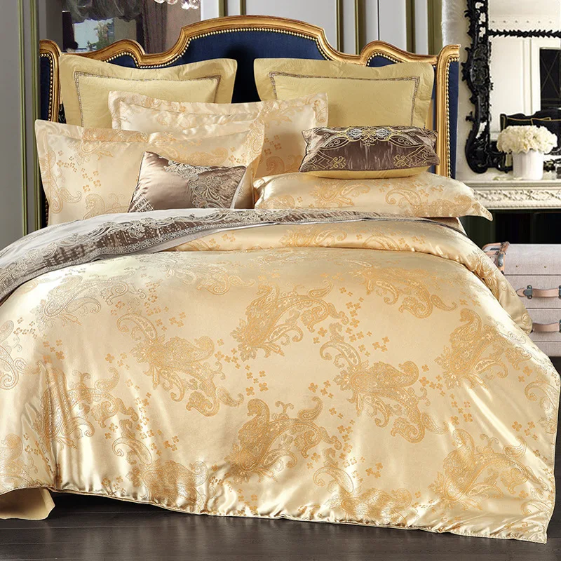 

4PCS European Satin Jacquard Bedding Suite Set Duvet Cover Purple Gold Queen Luxury Polyester Embroidered Duvet Cover