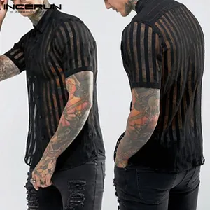 Мужская прозрачная футболка в полоску, с отворотом, коротким рукавом, для ночного клуба, модная одежда