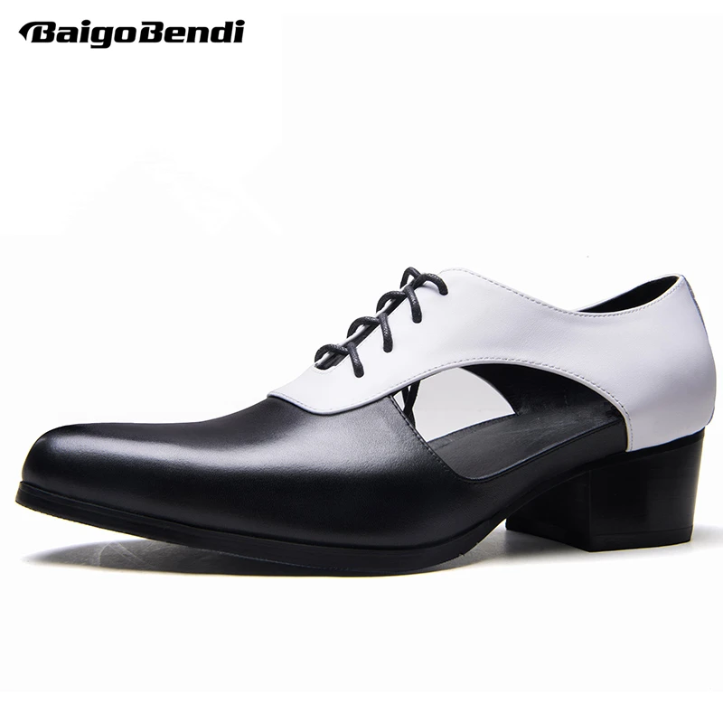 Классические черно-белые мужские летние дышащие сандалии на каблуке 5 см с острым