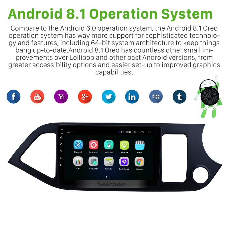 Мультимедийный плеер Seicane 9 &quotAndroid 1 GPS Navi для KIA Picanto Morning 2011 2012 2013 2014 2Din