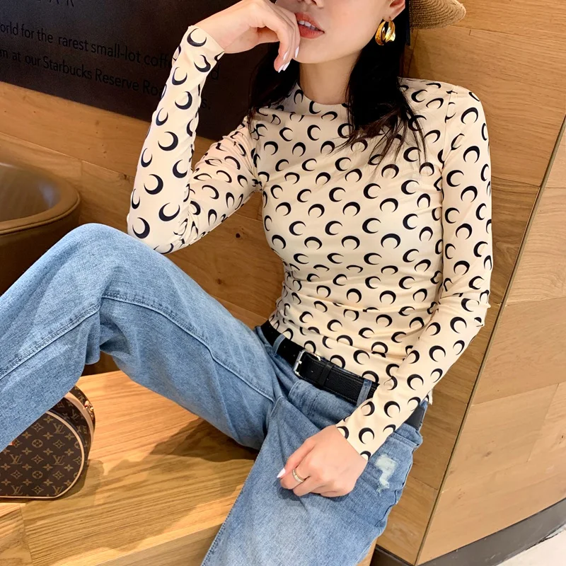 Long Sleeve Bodysuits Women Round Collar Crescent Print Slim Jumpsuits Pastel Goth Fashion | Женская одежда