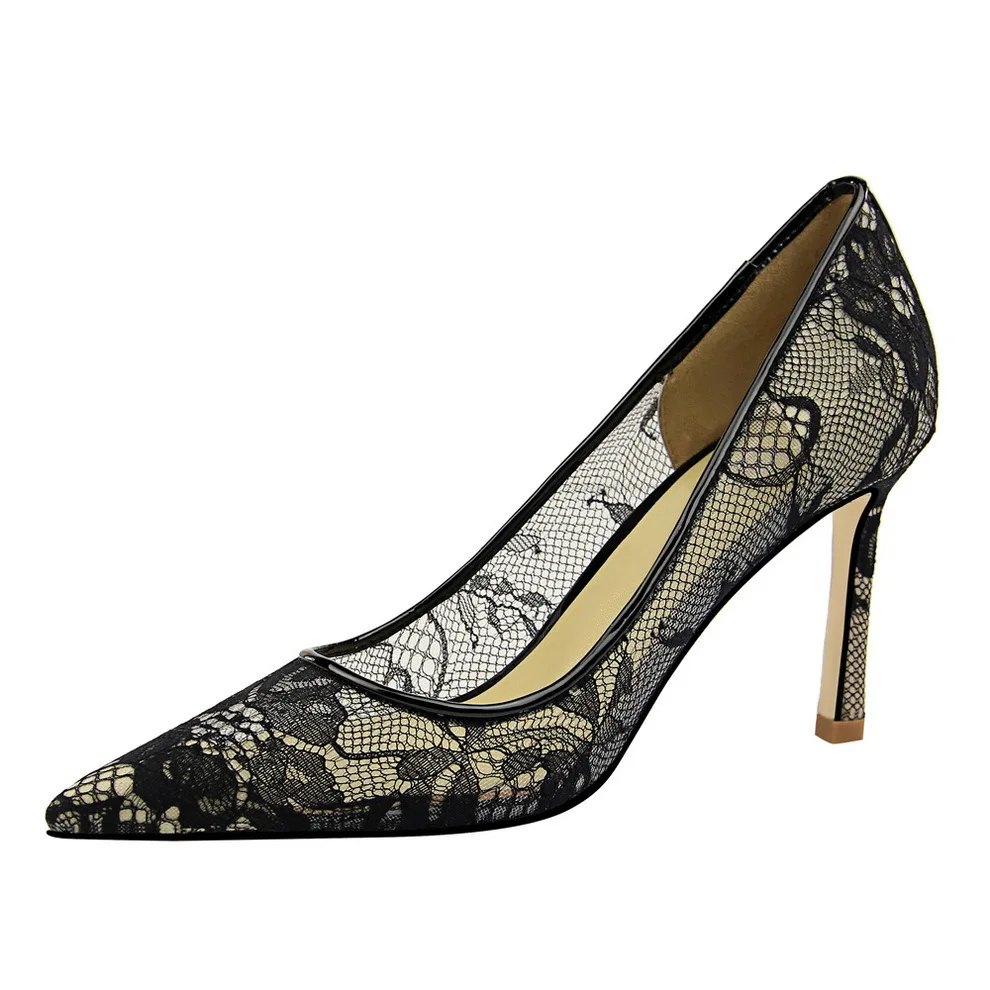 Пикантные кружевные туфли на высоком каблуке Женские тонкие с острым носком G18167-1
