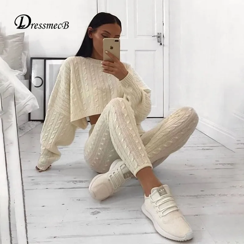 DRESSMECB осенний сексуальный вязаный укороченный комплект из двух предметов Топ с