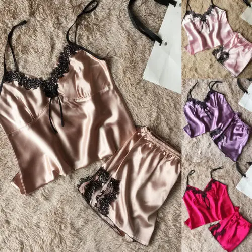 2 шт. Женская Сексуальная атласная пижама с кружевом нижнее белье Babydoll ночная