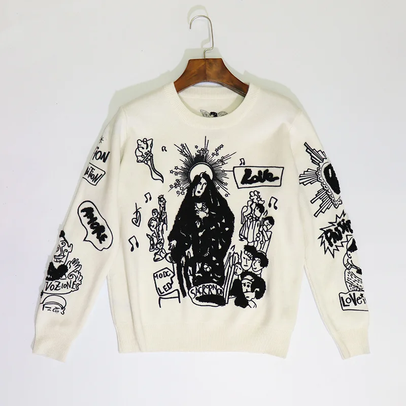 2021 Winter Fashion Women White Cartoon Embroidery Sweater Pullovers Long Sleeve Female Casual Knitted Jumper Tops Clothing | Женская
