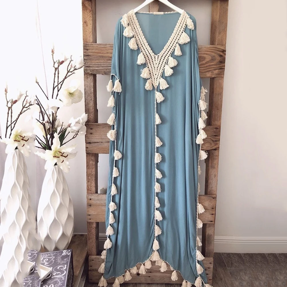 Женское богемное свободное платье длинное однотонное пляжное в этническом стиле