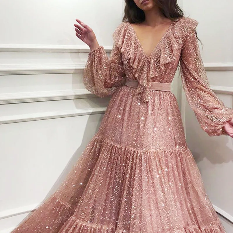Винтажное женское платье с блестками v образным вырезом и рукавами фонариками