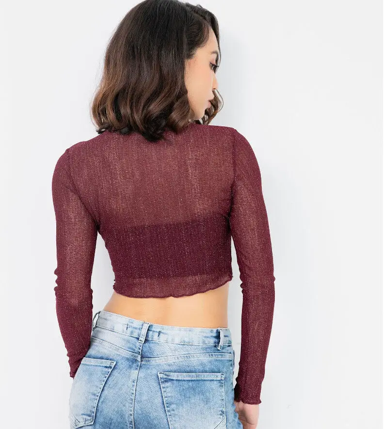 Сексуальная Женская водолазка футболка прозрачная сетчатые Топы с длинным