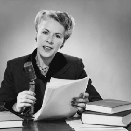 Portrait of a mid adult woman reading report into microphone Poster Print (24 x 36) | Дом и сад