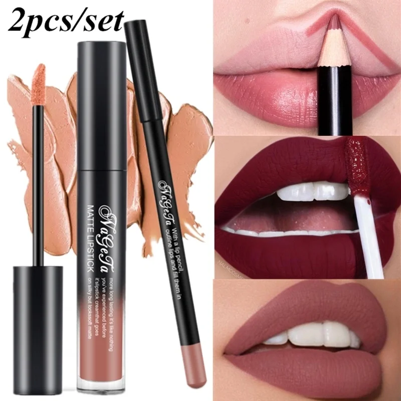

2pcs/set Liquid Matte Lipstick Lips Pencil Makeup Lasting Waterproof Mate Lip Gloss Rouge Cosmetics Lip Kit Set