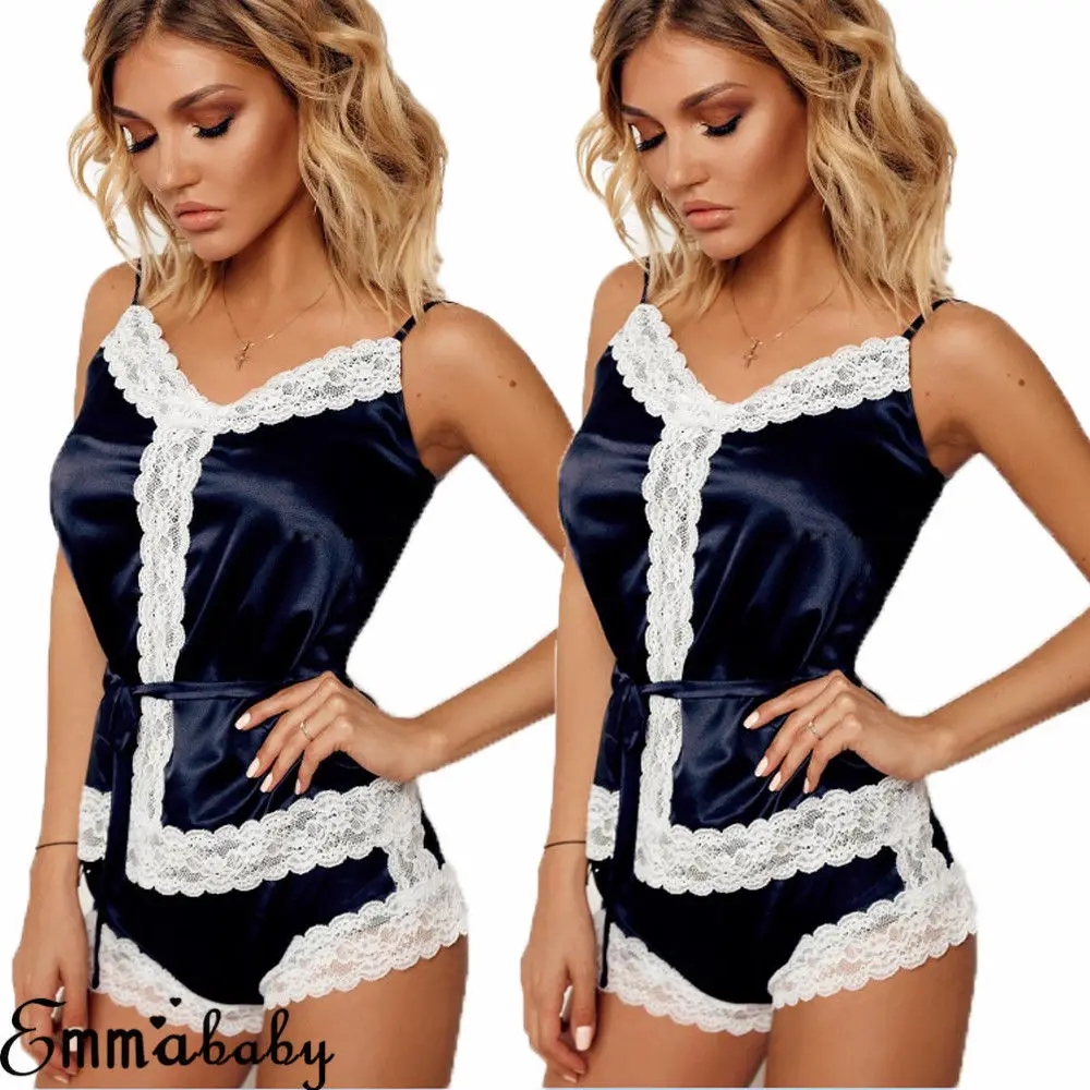 Мода 2 шт сексуальное женское атласное кружевное нижнее белье Babydoll ночная