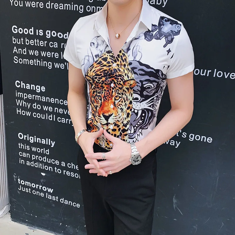 2019 Летние повседневные рубашки смокинг модные с принтом тигра приталенные для